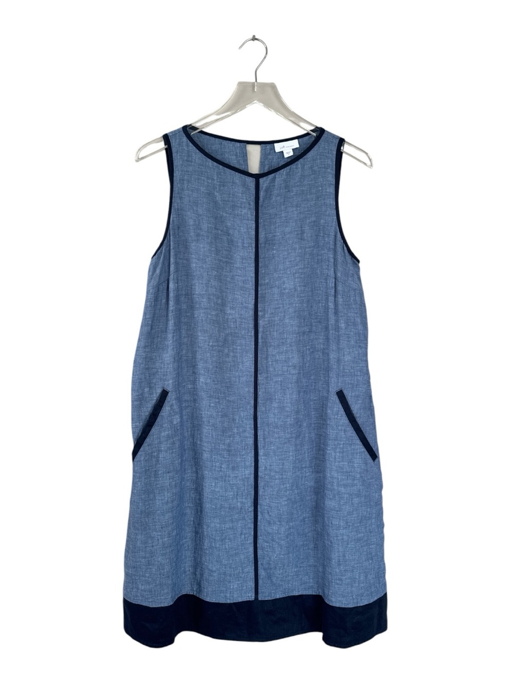 J.Jill Love Linen Blue 100% Linen Shift Dress Size Small Navy Trim Pockets